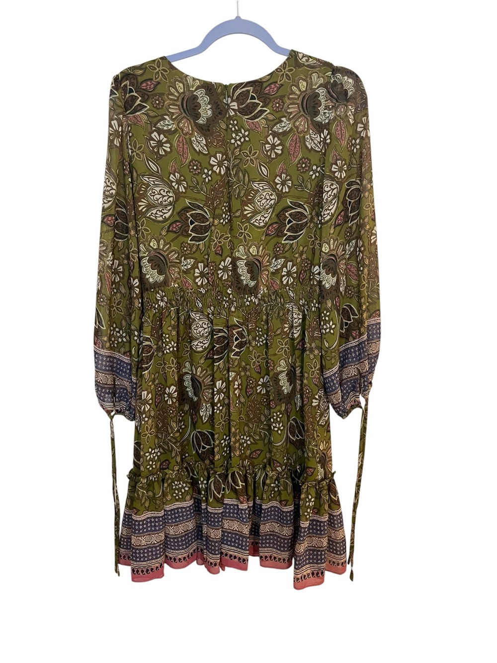 Floral Midi Dress Sage Green V-Neck Smocked Waist Long Sleeve| boho| fall| EUC - Picture 2 of 3